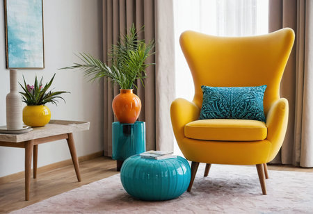 yellow armchair with blue pillows and vase with plant in living roomの素材