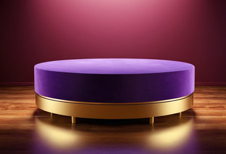 Purple round podium on wooden floor and purple wall background. 3d renderの素材