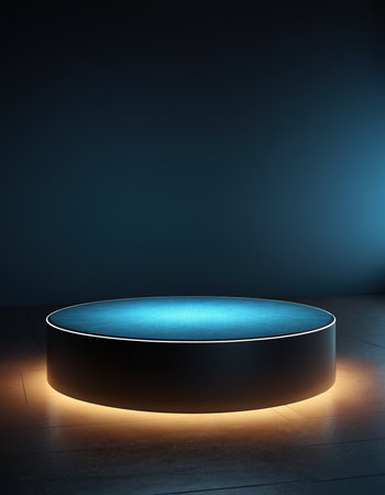 Empty round podium in dark room. Mock up, 3D Renderingの素材