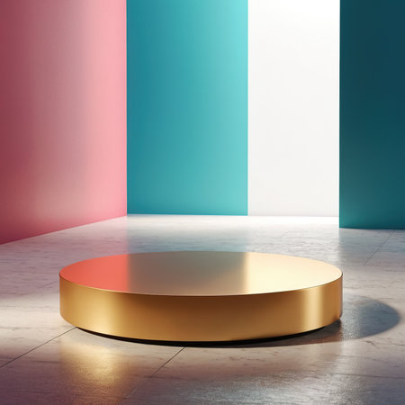 3d rendering of golden podium in empty room with pink and blue wallの素材