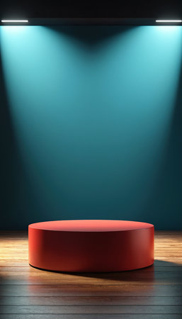 Red podium in dark room with spotlights. 3D render.の素材