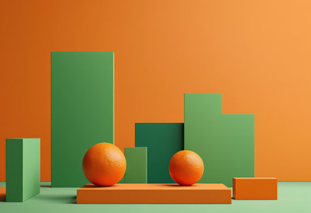 Abstract minimal scene with orange and green geometric forms. 3d renderの素材