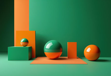 Abstract 3d rendering of geometric forms. Glossy orange balls on green background. Modern podium for product presentation.の素材
