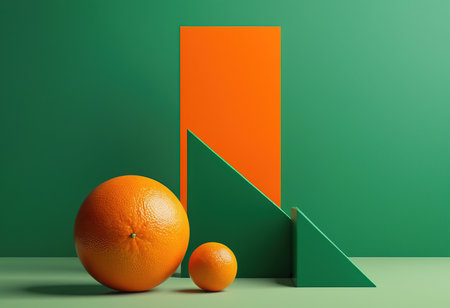 Orange and orange slices on green background. Minimal concept. 3d renderの素材