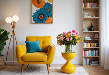 Yellow armchair with a vase of flowers in the living roomの素材