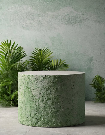 Green concrete podium with tropical plants on concrete background. 3d renderの素材