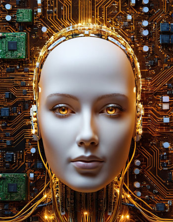 3d illustration of robot head with circuit board background. 3d renderingの素材