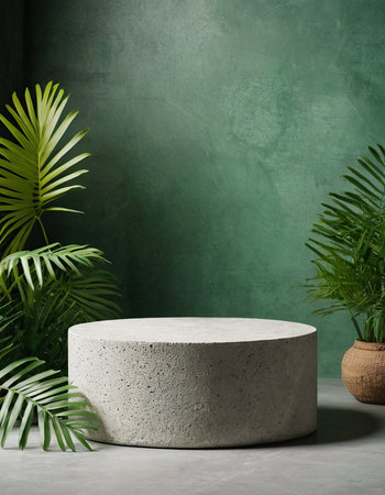 Empty concrete podium and green wall background with palm leaves. 3d renderの素材