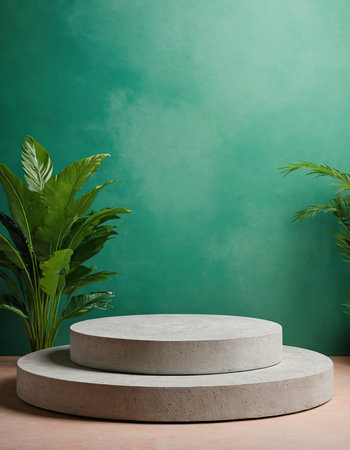 empty podium with tropical plants on green background, mockup for product displayの素材