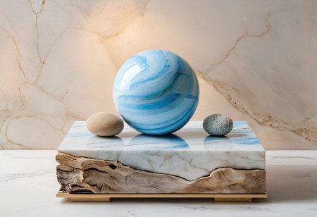 Blue marble ball on white marble shelf with two stone pebblesの素材