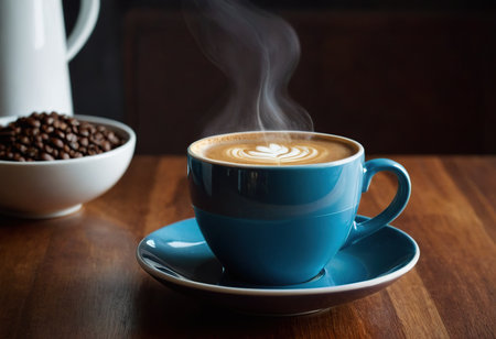 Cup of coffee with latte art and coffee beans on wooden tableの素材