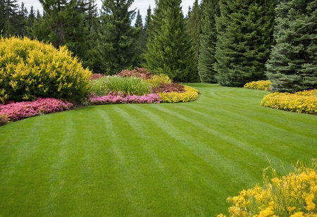 Landscape design of a beautiful garden with green grass and flowers.の素材