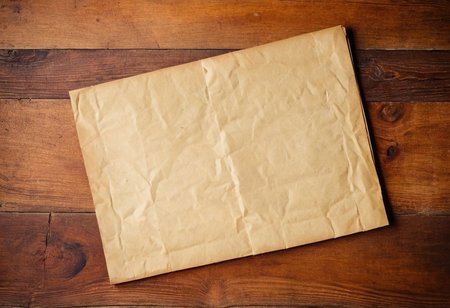 Old brown paper on wooden background. Top view with copy space.の素材
