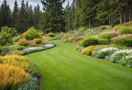 Garden with flowers and trees in the background, Washington, USAの素材