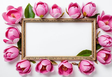 Frame with pink magnolia flowers on white background. Flat lay, top viewの素材