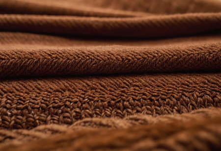 Close up detail of brown knitted fabric texture background. Brown woolen sweater.の素材