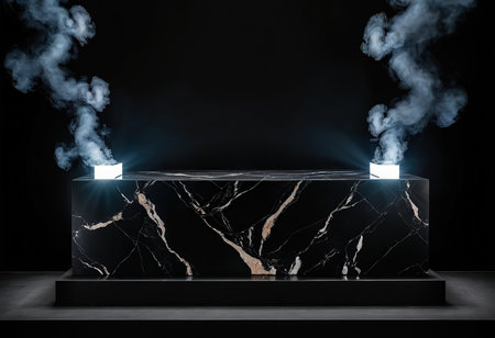 Modern marble countertop with smoke on black background. Mock up, 3D Renderingの素材