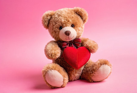 Teddy bear with red heart on pink background. Valentines day conceptの素材