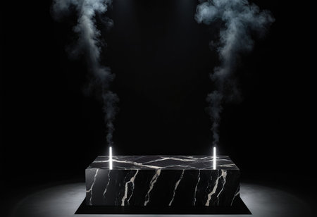 Black marble podium with smoke on a black background. 3d renderingの素材