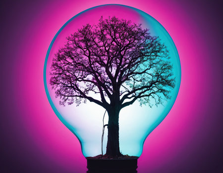 Tree inside a light bulb on a purple background. Conceptual image.の素材