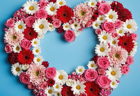 Colorful flowers arranged in heart shape on blue background, top viewの素材