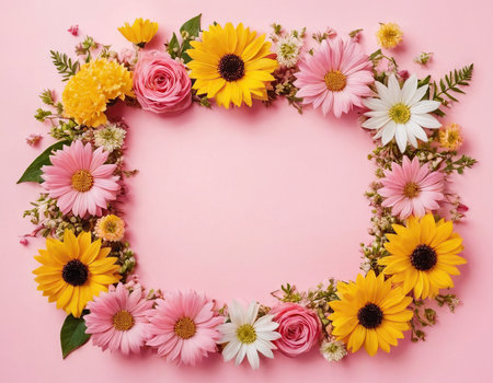 Flowers composition. Frame made of various flowers on pink background. Flat lay, top view, copy spaceの素材