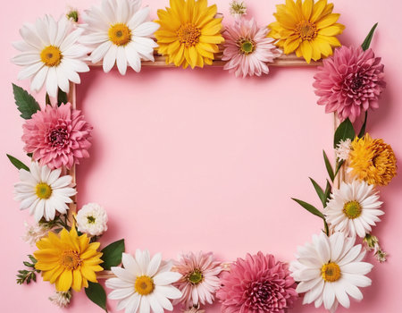 Frame of beautiful chrysanthemums on pink background, top viewの素材