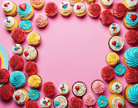 Frame of colorful cupcakes on pink background with copy space, top viewの素材
