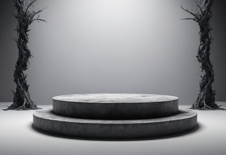 Abstract 3d render of black pedestal on gray background. Minimal scene with empty podium.の素材