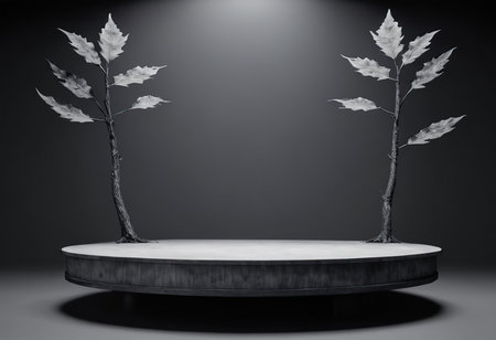 Abstract black and white 3D render of a podium with a plantの素材