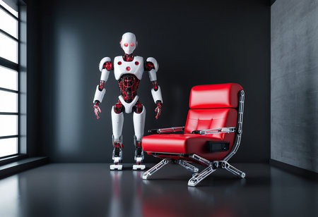 Robot sitting on red armchair in empty room. 3D renderingの素材