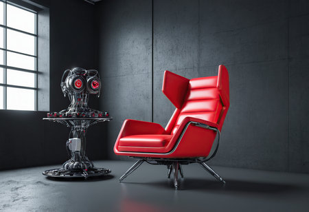 Modern red chair in dark interior. 3D Rendering mock upの素材