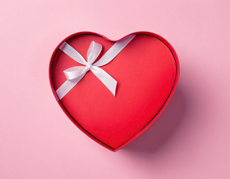 Red heart shaped box with white bow on pink background, top viewの素材