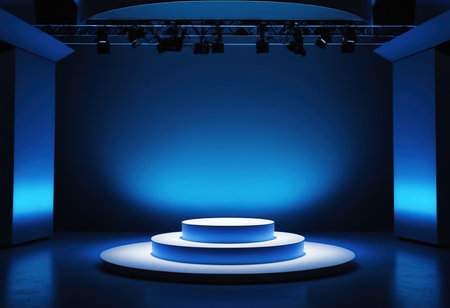 Stage Podium Scene for Award Ceremony illuminated with spotlight. Award ceremony concept. Stage backdrop. 3d renderの素材