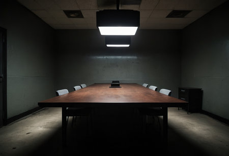Interior of a conference room with wooden table and ceiling light.の素材