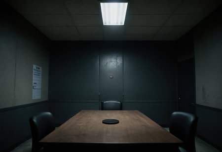 Interior of a conference room with a wooden table and chairs.の素材