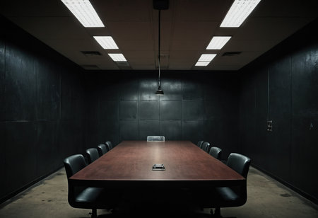 Interior of modern conference room with wooden table and black wall backgroundの素材