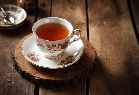 Cup of tea on a wooden background. Selective focus.の素材