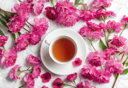 Cup of tea and pink flowers on white marble background, top viewの素材