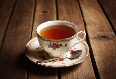 cup of tea on a wooden table. tinting. selective focusの素材