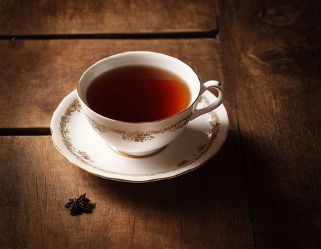 Cup of tea on a wooden table. Shallow dof.の素材