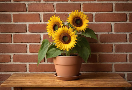 Beautiful sunflowers in pot on table against brick wall backgroundの素材
