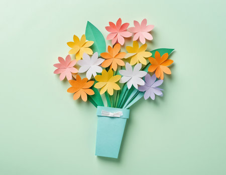 Paper flowers bouquet on green background. Flat lay, top viewの素材