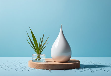 White vase on wooden stand on blue background, 3d renderingの素材