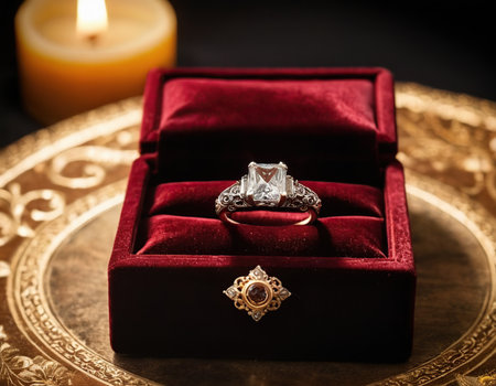 Wedding rings in a red velvet box on a dark backgroundの素材