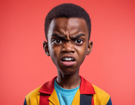 Portrait of a scared boy looking at camera isolated on a red backgroundの素材