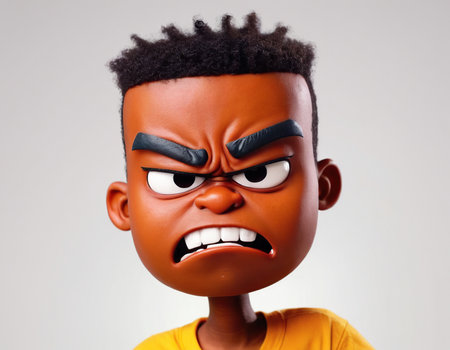 African American boy with angry expression on his face, studio shotの素材