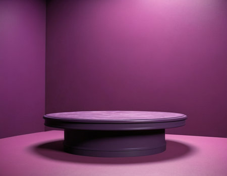 3d rendering of a round podium on a pink studio background.の素材