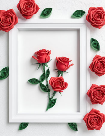 Flowers composition. Frame mockup with red roses on white background. Flat lay, top view, squareの素材