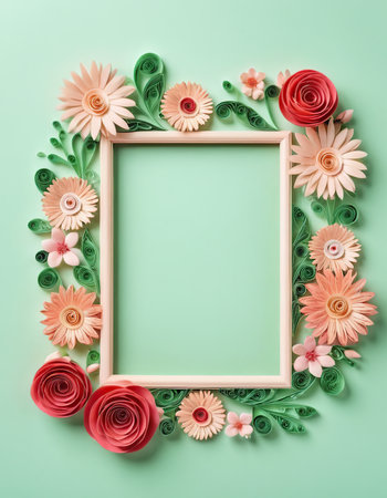 Creative layout made of paper flowers and wooden frame on green backgroundの素材